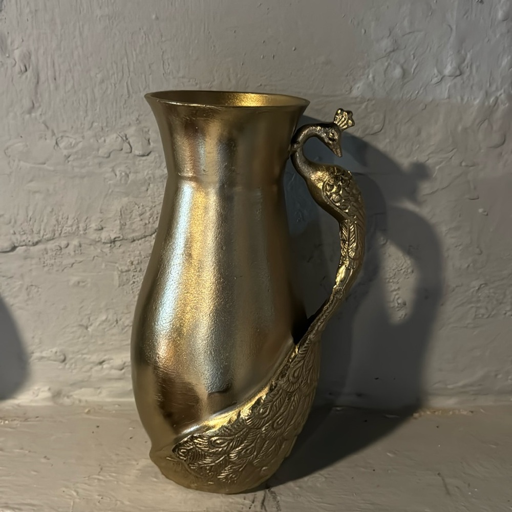 Gold tone metal metallic peacock vase, jar decorative accents decoration